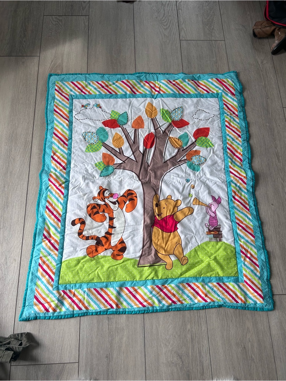 Disney Winnie the Pooh Baby Quilt Aqua Orange Green Red Crib Blanket Nursery